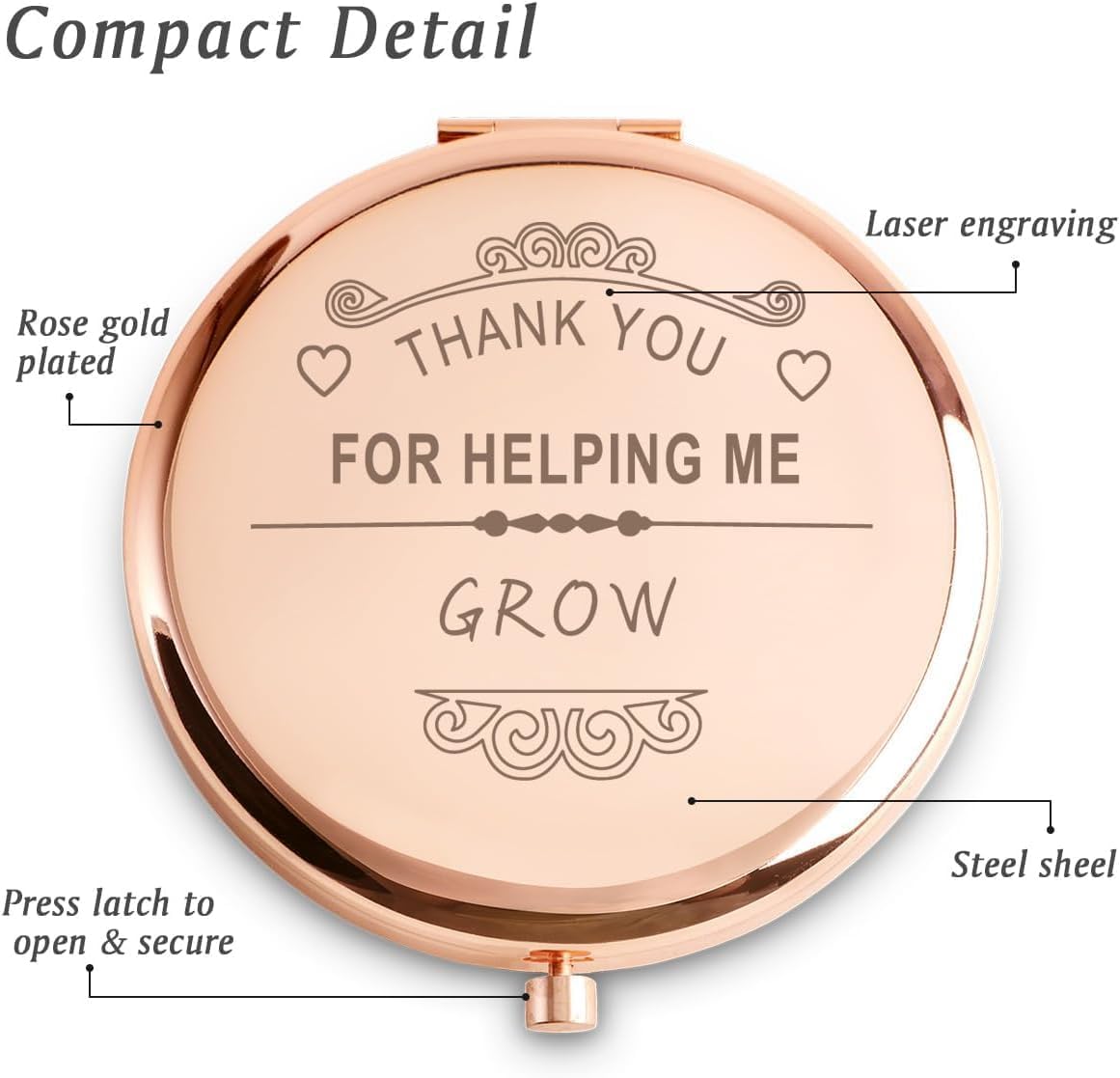 Teacher Appreciation Gifts – Engraved Compact Mirror for Women (Rose)
