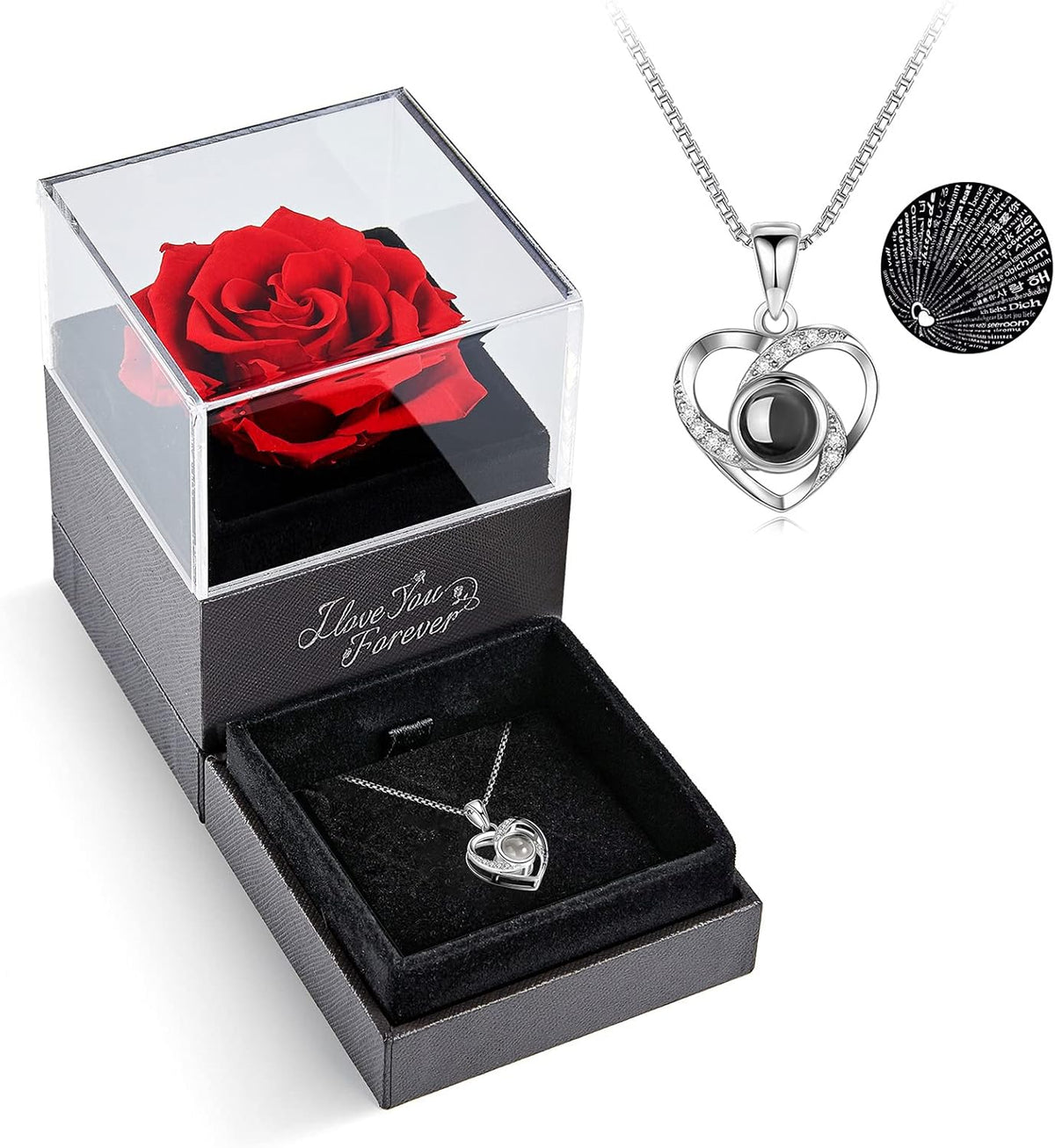 ASELFAD Preserved Rose with I Love You Necklace – Romantic Gift for Her