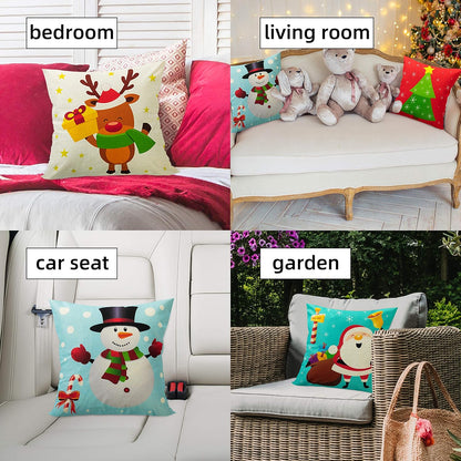 Christmas Pillow Covers 18x18 Set of 4 Christmas Pillow Covers Colorful Christmas Pillow Covers Cartoon Linen Tree Snowman Reindeer Snow Pillow Case for Sofa
