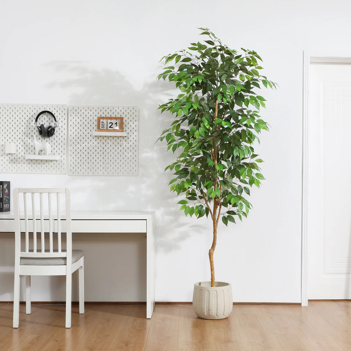 7FT Artificial Ficus Tree with Natural Wood Trunk and Lifelike Leaves, Silk Fake Potted Tree with Wood Branches, Faux Tree for Office Home Decor