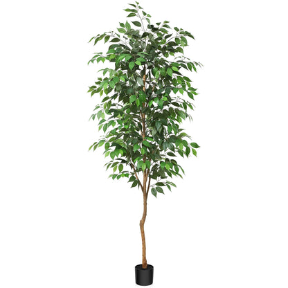 7FT Artificial Ficus Tree with Natural Wood Trunk and Lifelike Leaves, Silk Fake Potted Tree with Wood Branches, Faux Tree for Office Home Decor