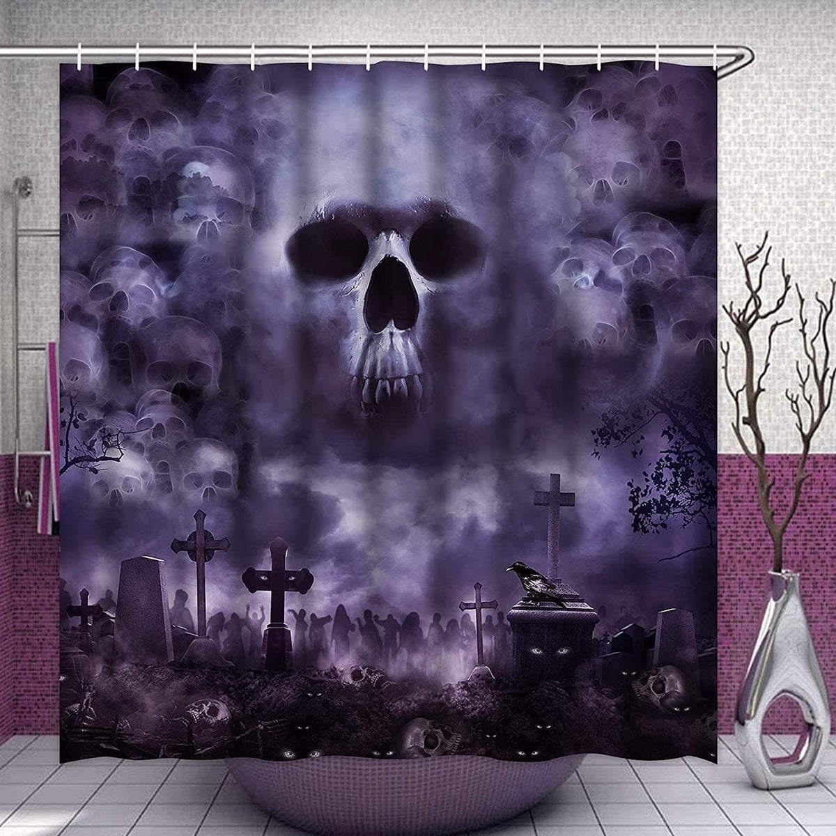 Halloween Shower Curtain with Hooks, Black Ghost Waterproof Bathroom Curtains, 72"X72"