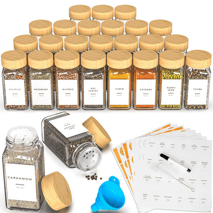24 Pack Glass Spice Jars with Airtight Bamboo Lids Preprinted Labels Kitchen Storage Canister Utensils Airtight Containers for Spices & Seasonings Maintain Freshness Set