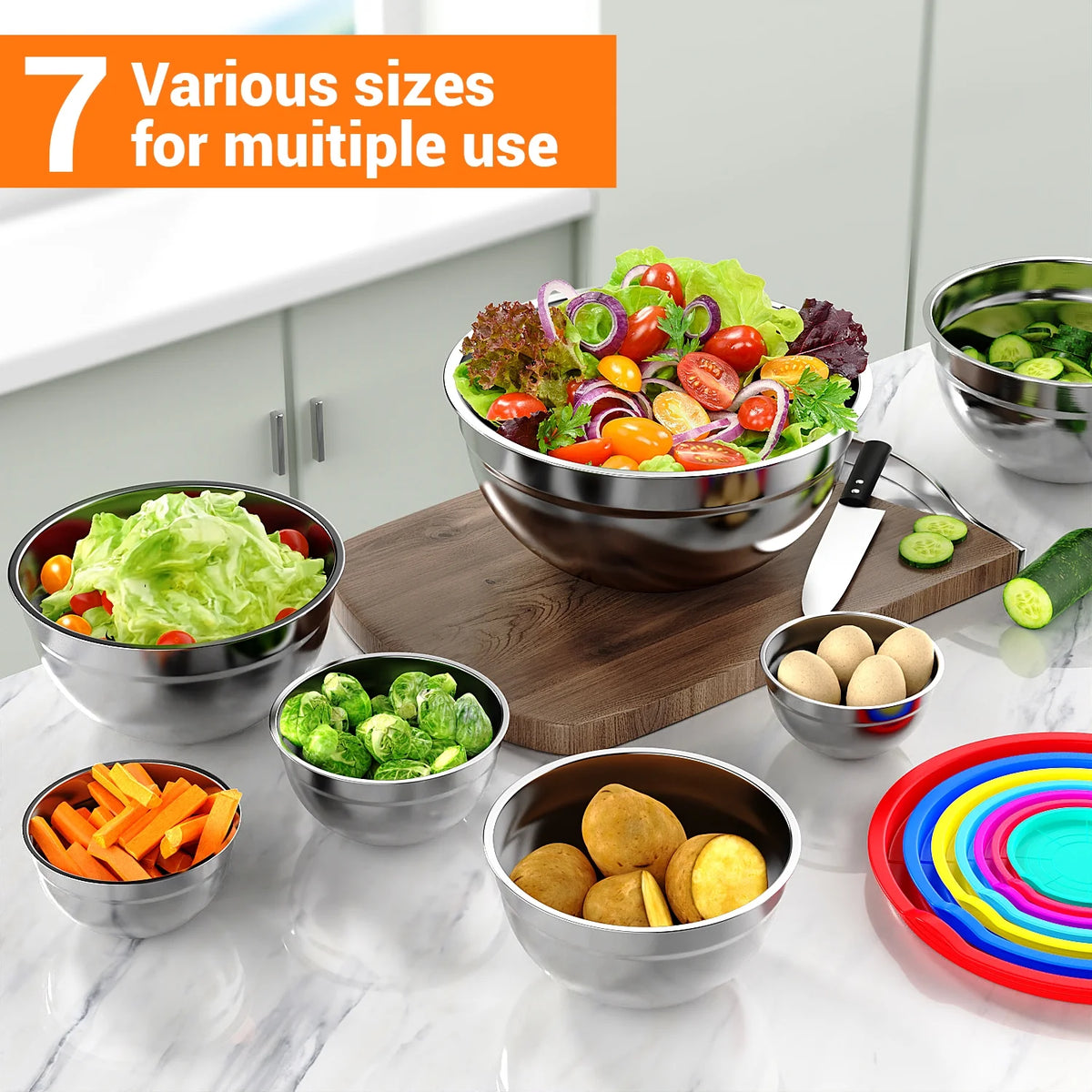 7-Pc Stainless Steel Mixing Bowls with Lids – Nesting Kitchen Set