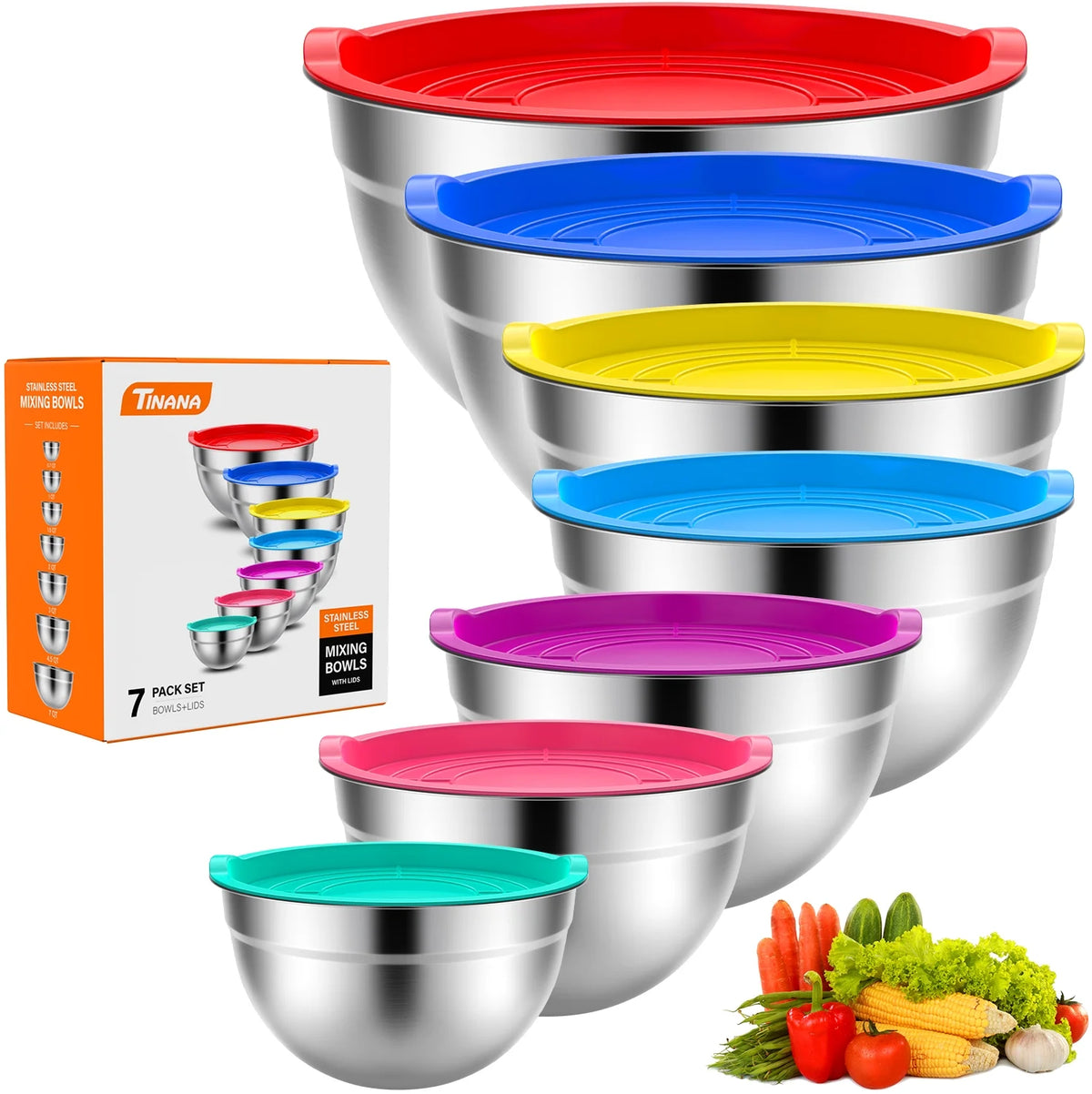 7-Pc Stainless Steel Mixing Bowls with Lids – Nesting Kitchen Set