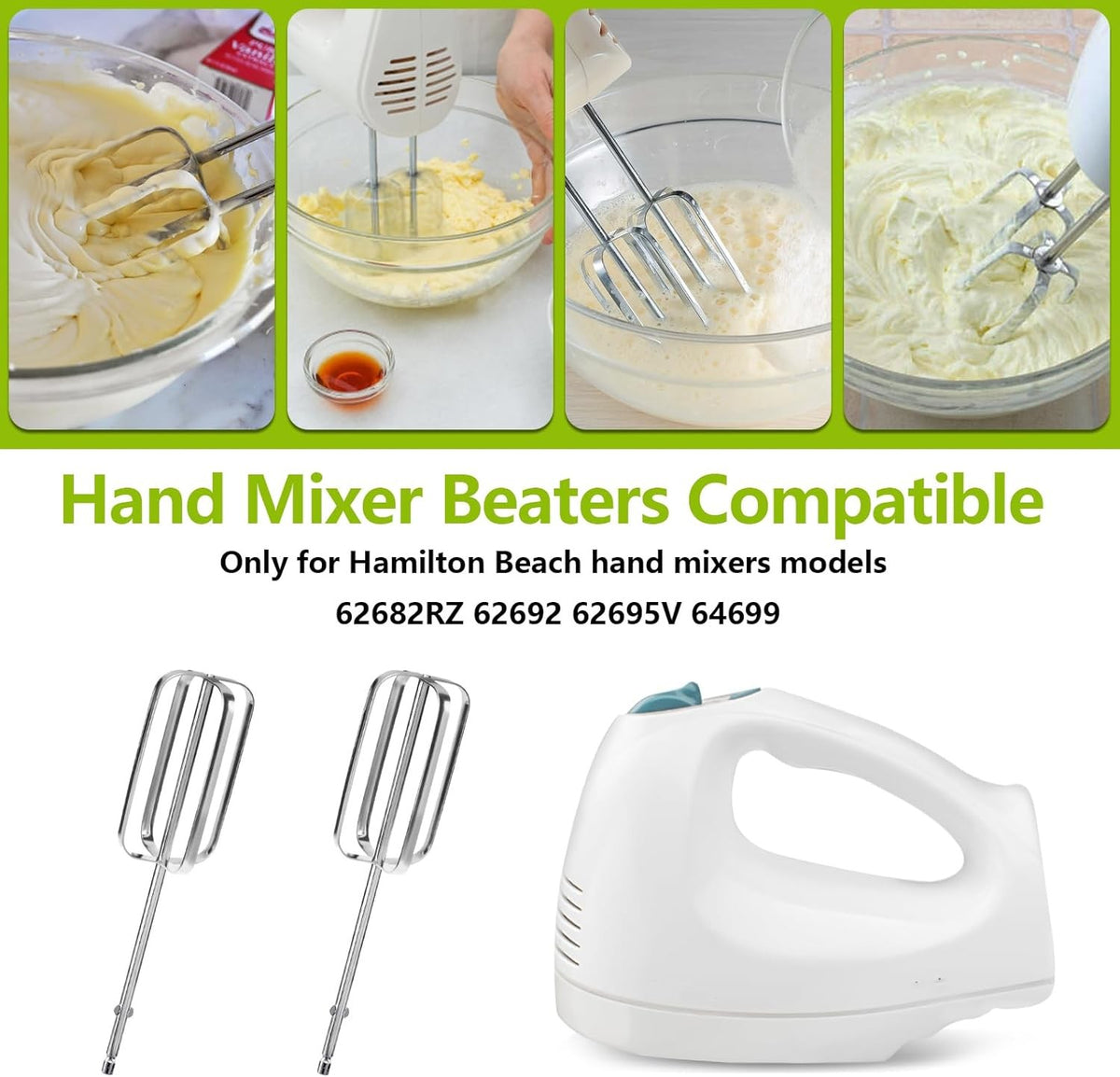 Hand mixer beaters compatible with Hamilton Beach models shown with a white mixer and beaters.