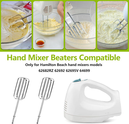 Hand mixer beaters compatible with Hamilton Beach models shown with a white mixer and beaters.